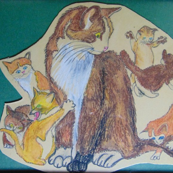 Mother Cat with Kittens, Original Pencil Sketch with Oil Pastels, 11.38x9.38 - Picture 5 of 8